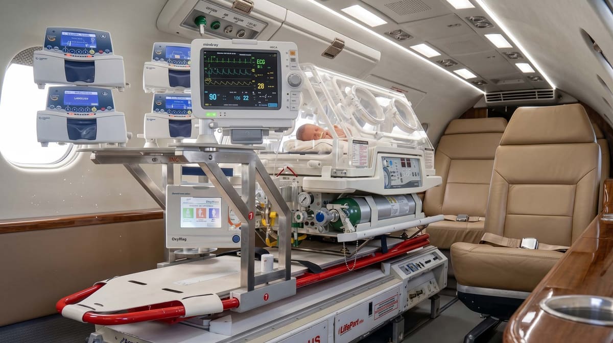 UTI aérea com incubadora e equipamentos médicos a bordo